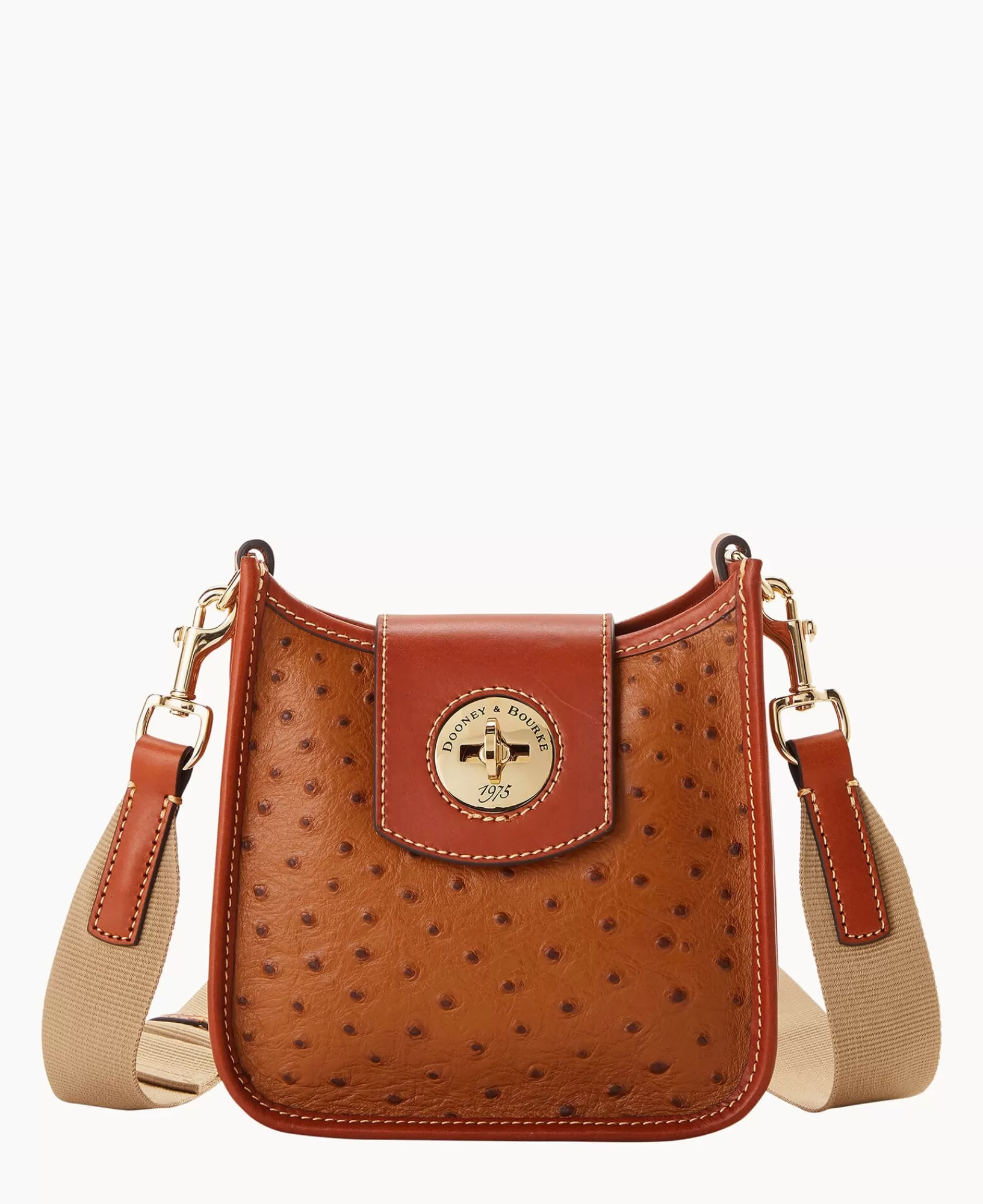 Shoulder Bags>Dooney & Bourke Ostrich Turnlock Messenger 20 Caramel