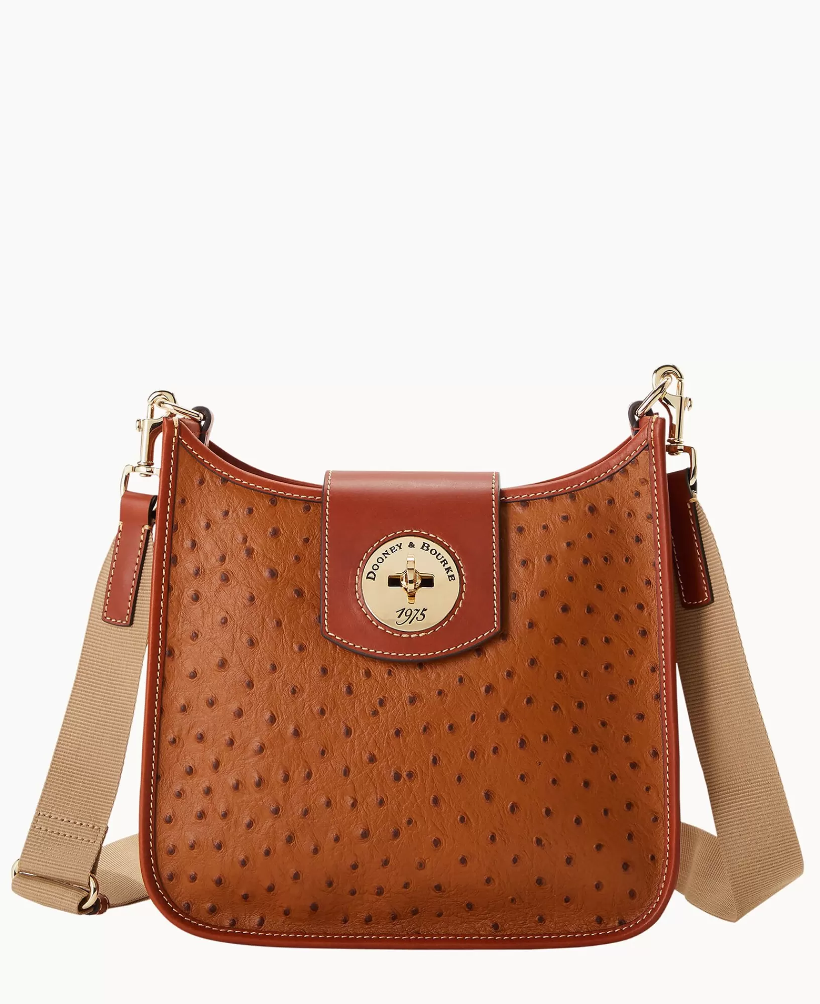 Shoulder Bags | Crossbodies>Dooney & Bourke Ostrich Turnlock Messenger 28 Caramel