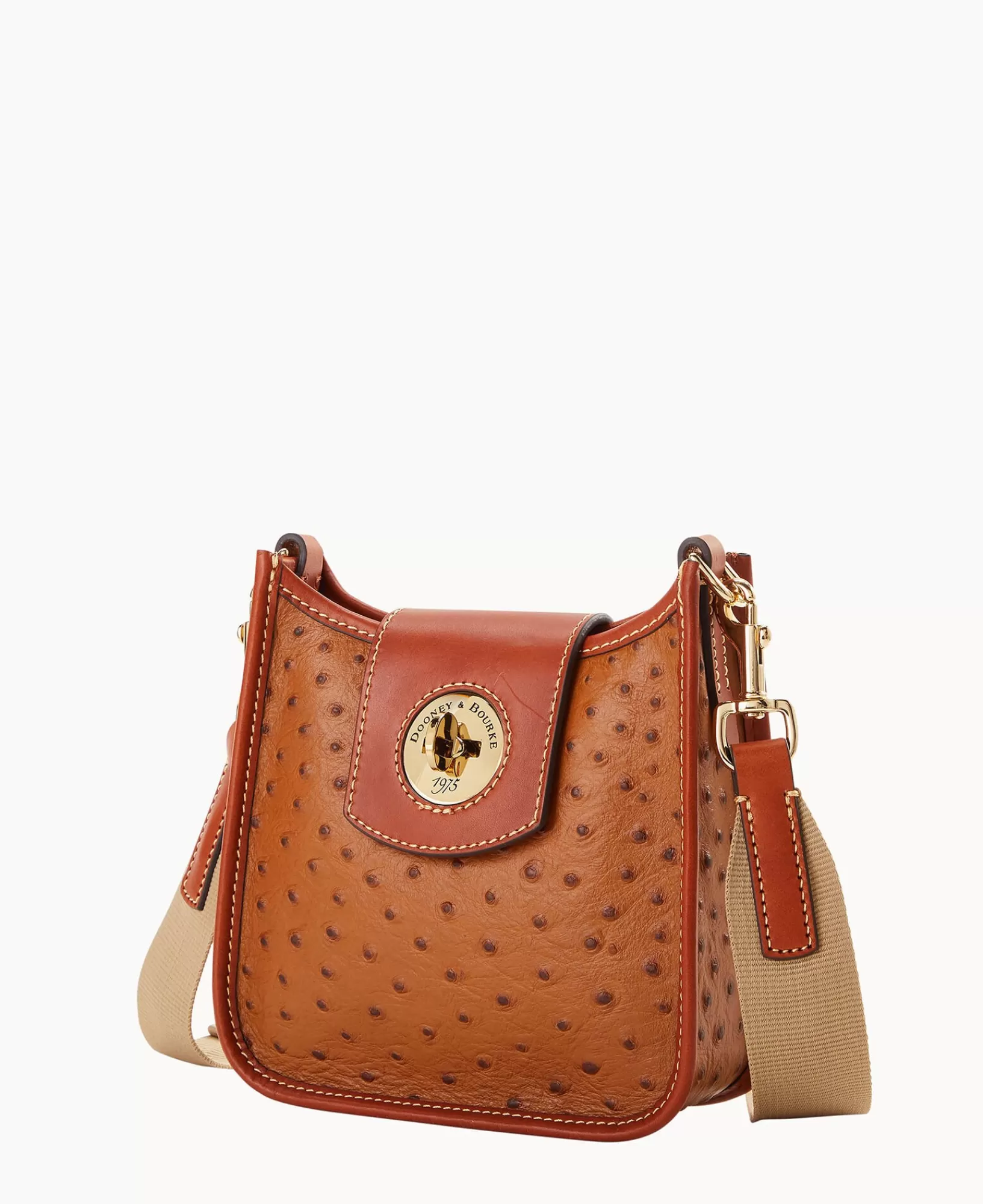 Shoulder Bags>Dooney & Bourke Ostrich Turnlock Messenger 20 Caramel