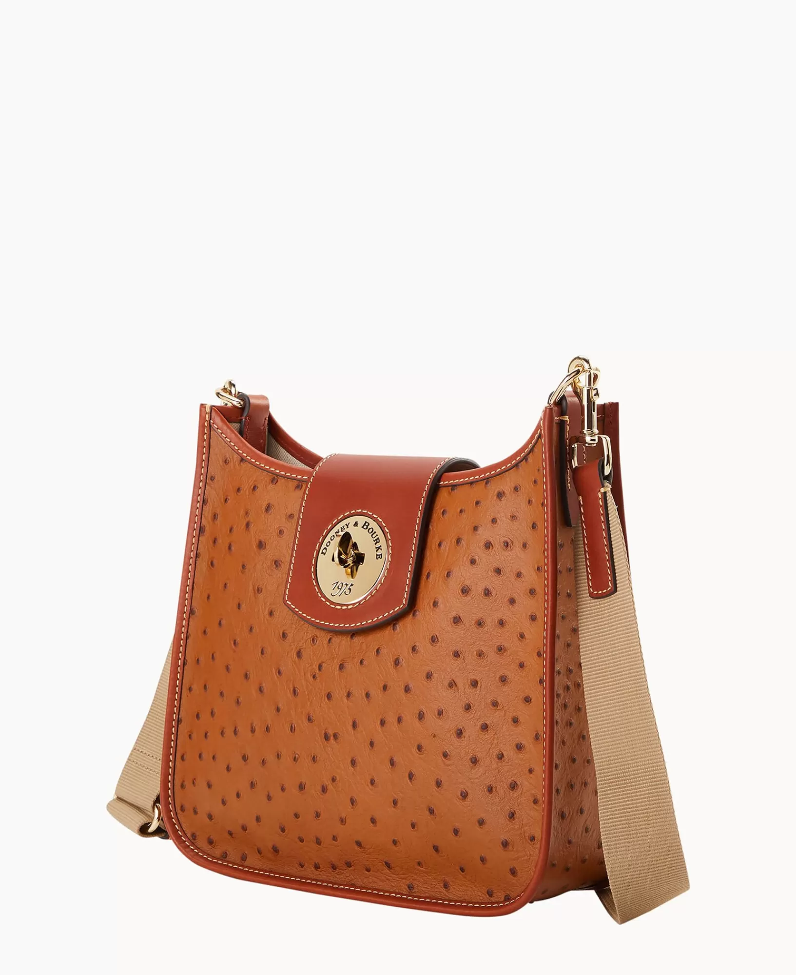 Shoulder Bags | Crossbodies>Dooney & Bourke Ostrich Turnlock Messenger 28 Caramel